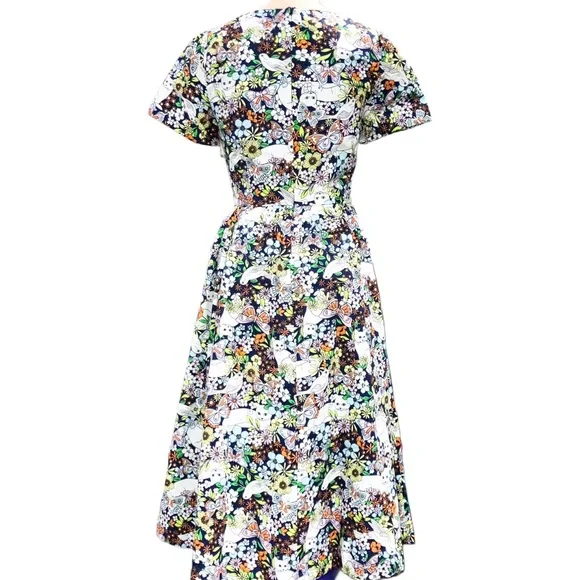 ModCloth Fit & Flare Midi Dress Retro 50s Blue Whimsical Floral Cat Cotton Sz 0 - Picture 3 of 8
